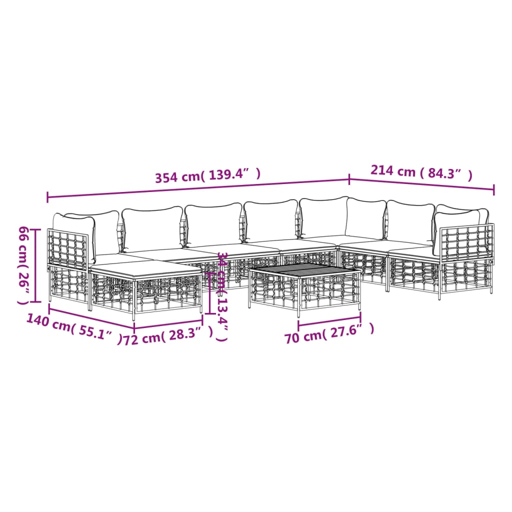 9 pcs conjunto lounge de jardim c/ almofadões vime PE antracite - Image 9