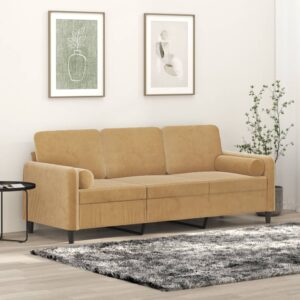 Sofá 3 lugares c/ almofadas decorativas 180 cm veludo castanho