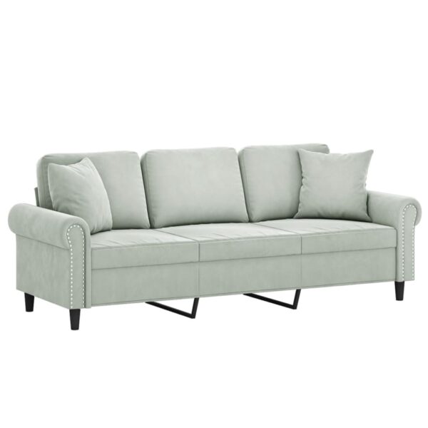 Sofá 3 lugares + almofadas decorativas 180cm veludo cinza-claro - Image 2