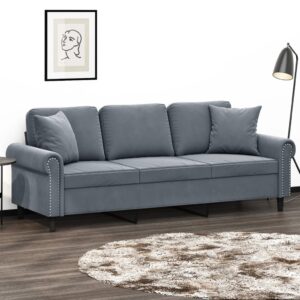 Sofá 3 lug. c/ almofadas decorativas 180 cm veludo cinza-escuro