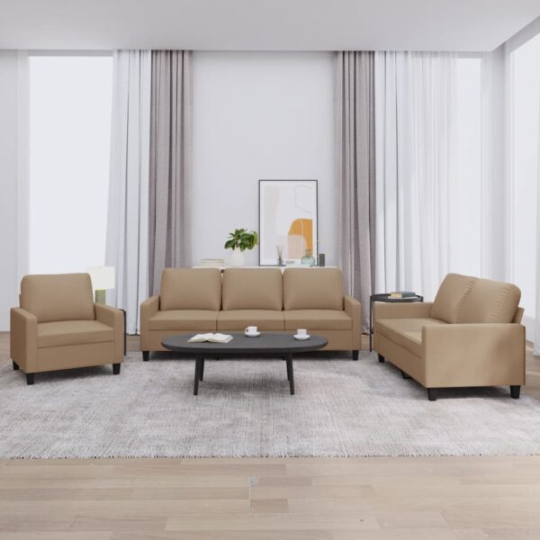 3 pcs conjunto sofás c/ almofadões couro artificial cappuccino