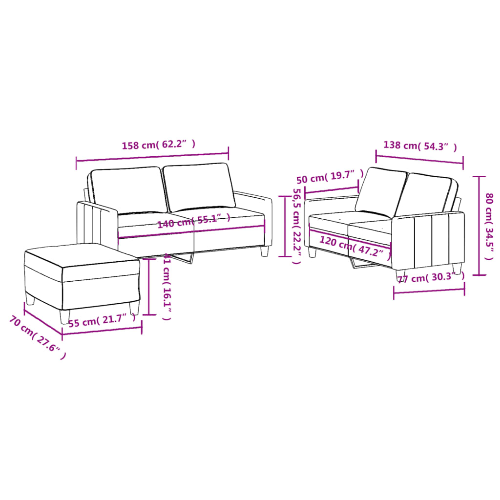 3 pcs conjunto de sofás com almofadões tecido cinzento-claro - Image 6