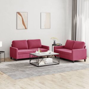 2 pcs conjunto de sofás com almofadões veludo vermelho tinto