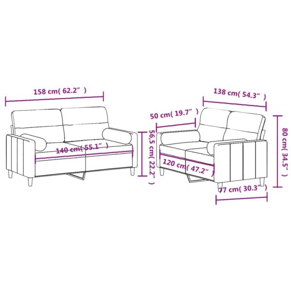 2 pcs conjunto de sofás com almofadas tecido cinzento-claro - Image 8