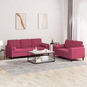 2 pcs conjunto de sofás com almofadas veludo vermelho-tinto