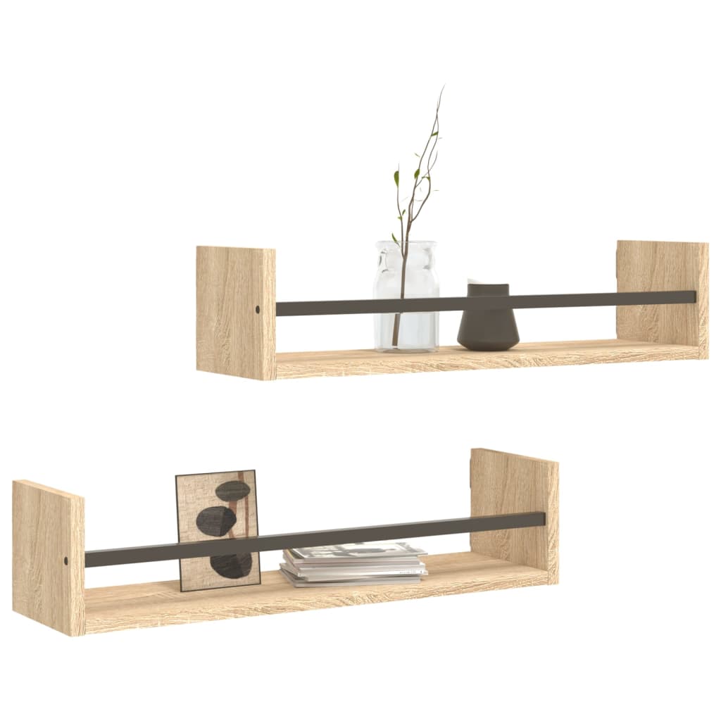 Prateleiras de parede c/ barras 2pcs 60x16x14cm carvalho sonoma - Image 2