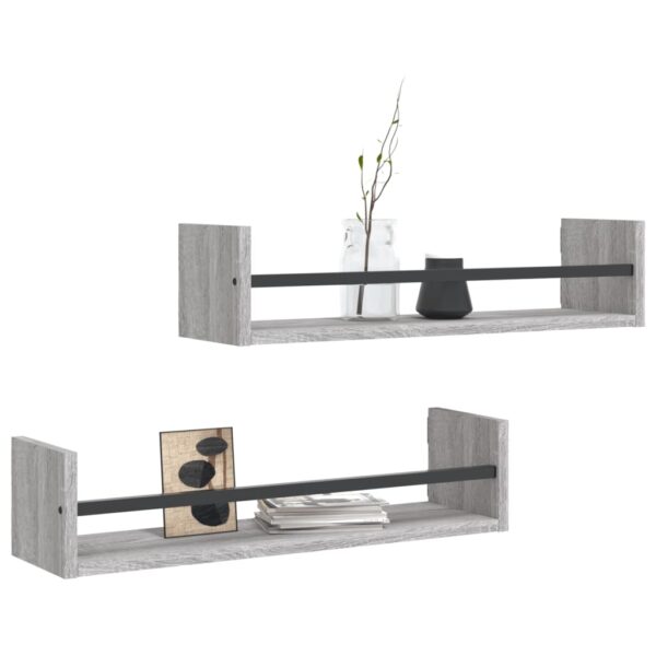 Prateleiras de parede c/ barras 2 pcs 60x16x14 cm cinza sonoma - Image 2