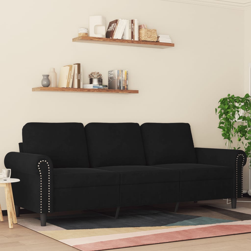 Sofá de 3 lugares 180 cm veludo preto