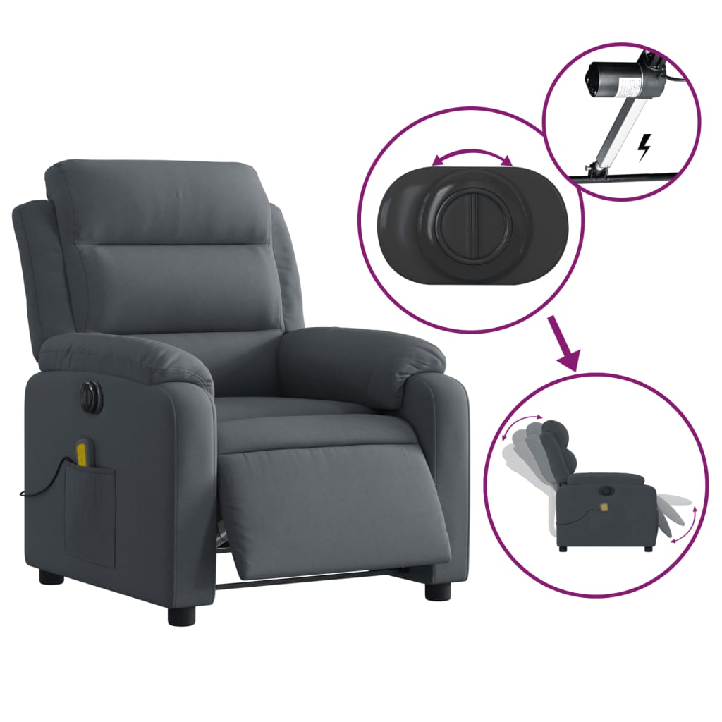 Poltrona de massagens reclinável elétrica veludo cinza-escuro - Image 4