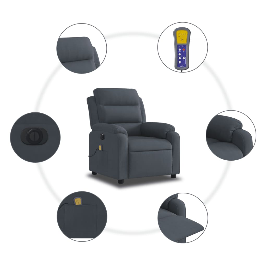 Poltrona de massagens reclinável elétrica veludo cinza-escuro - Image 6