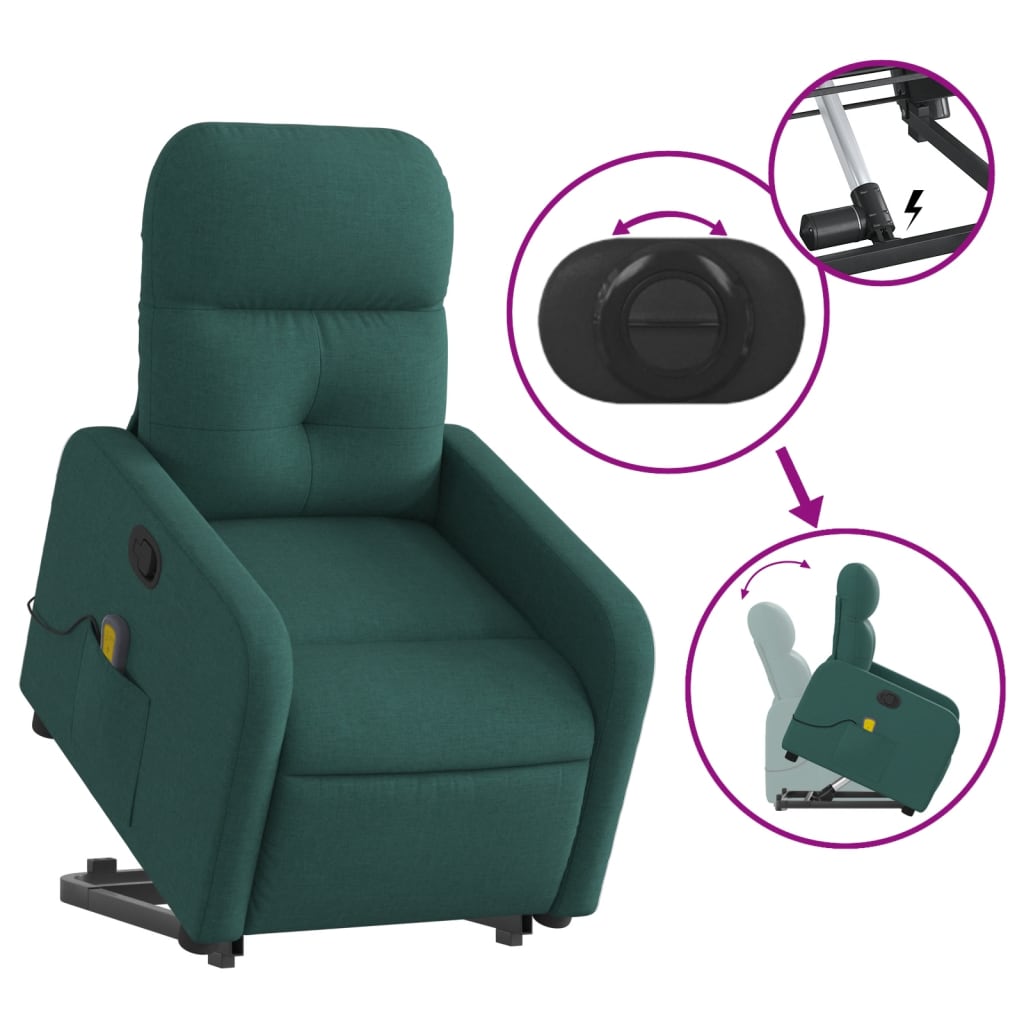 Poltrona reclinável elevatória de massagens tecido verde-escuro - Image 4