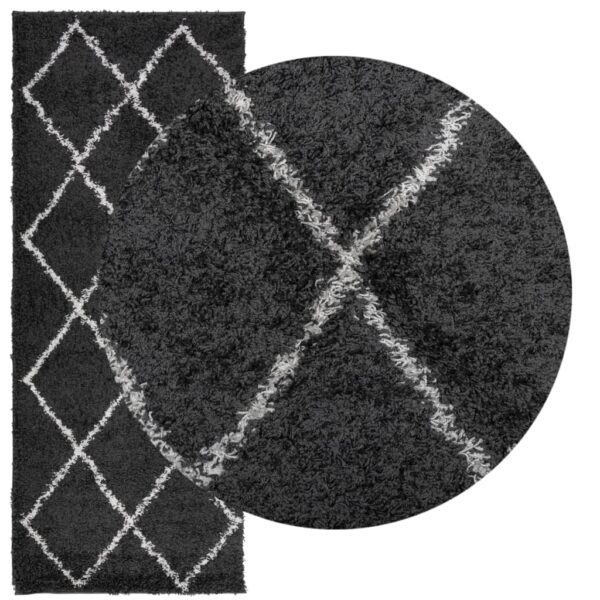 Tapete shaggy de pelo alto PAMPLONA 80x200 cm preto e creme - Image 2