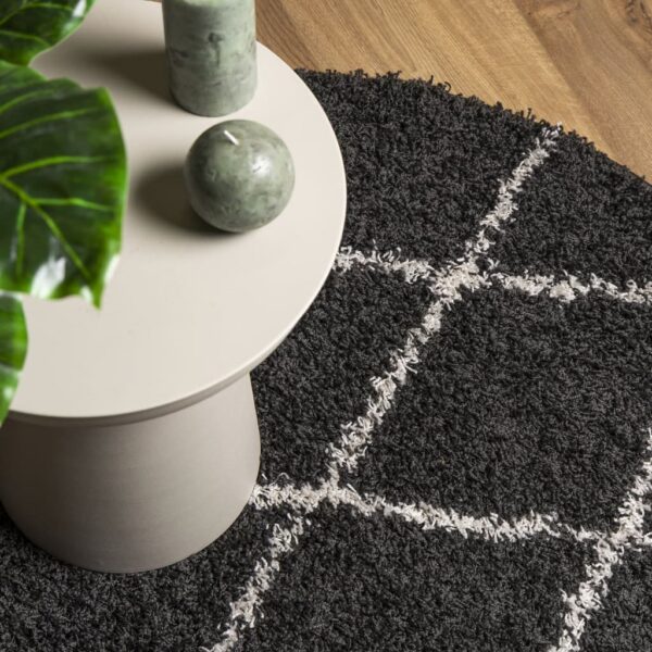 Tapete shaggy de pelo alto PAMPLONA Ø 280 cm preto e creme - Image 6