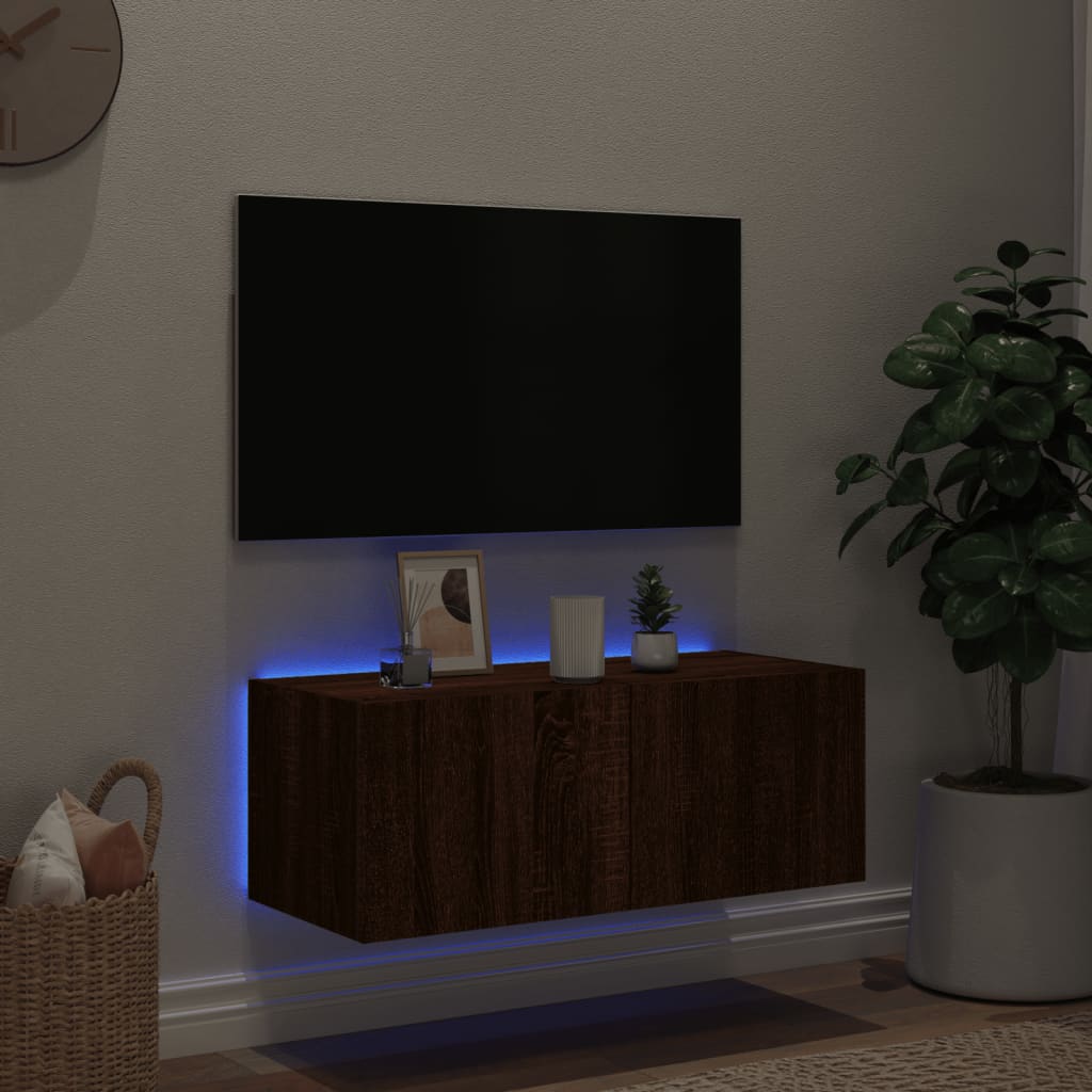 Móvel parede p/ TV c/ luzes LED 80x35x31 cm carvalho castanho - Image 2