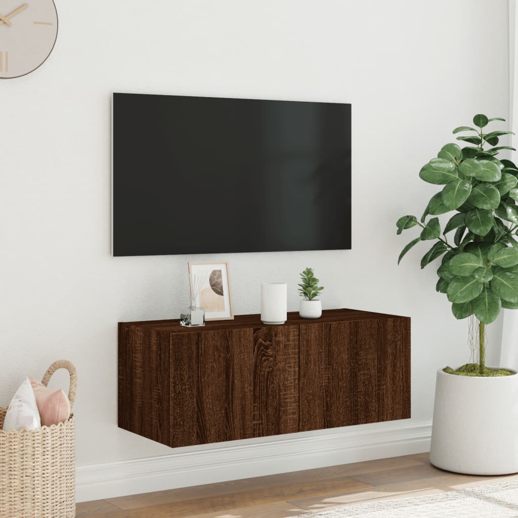 Móvel parede p/ TV c/ luzes LED 80x35x31 cm carvalho castanho - Image 3