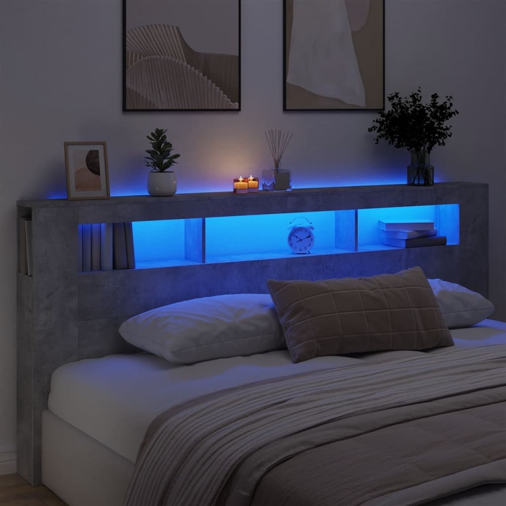 Cabeceira c/ LEDs 220x18,5x103,5 cm cinzento-cimento