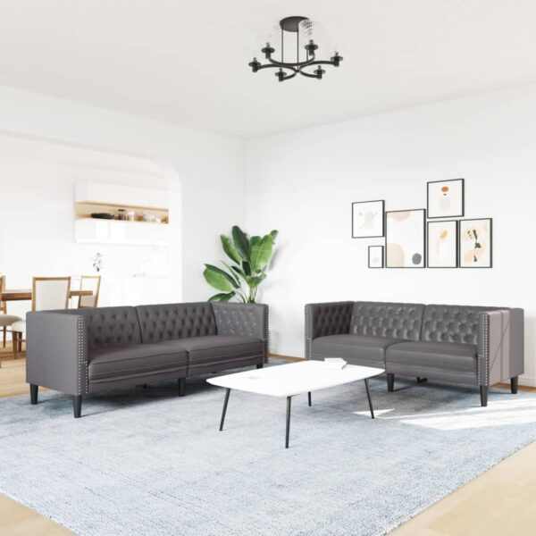 2 pcs conjunto de sofás chesterfield couro artificial cinzento - Image 2