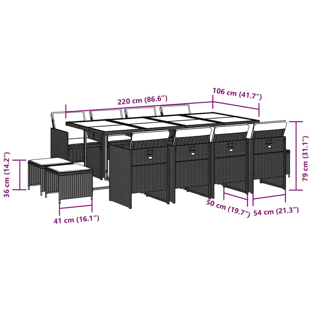 13 pcs conjunto de jantar p/ jardim com almofadões vime PE bege - Image 5