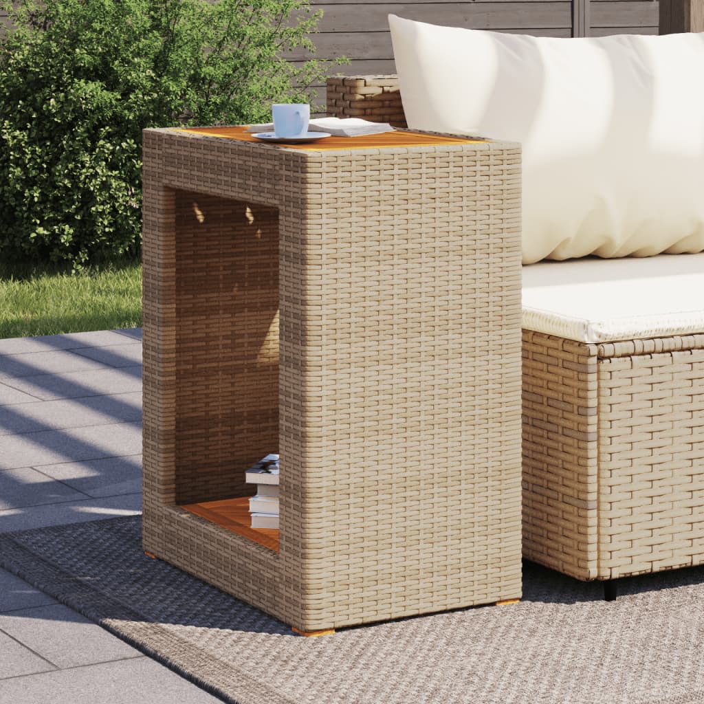 Mesa apoio jardim c/ tampo madeira 60x40x75 cm vime PE bege - Image 2