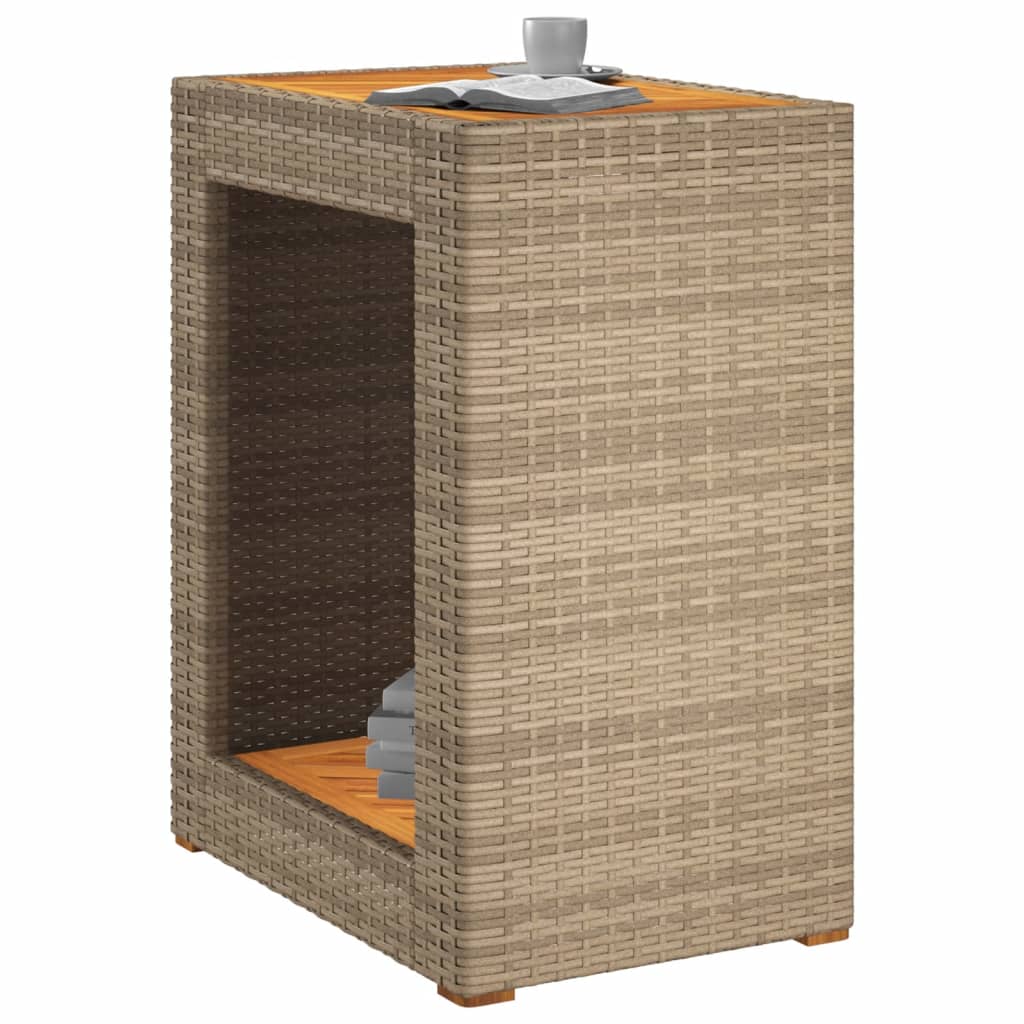 Mesa apoio jardim c/ tampo madeira 60x40x75 cm vime PE bege - Image 3