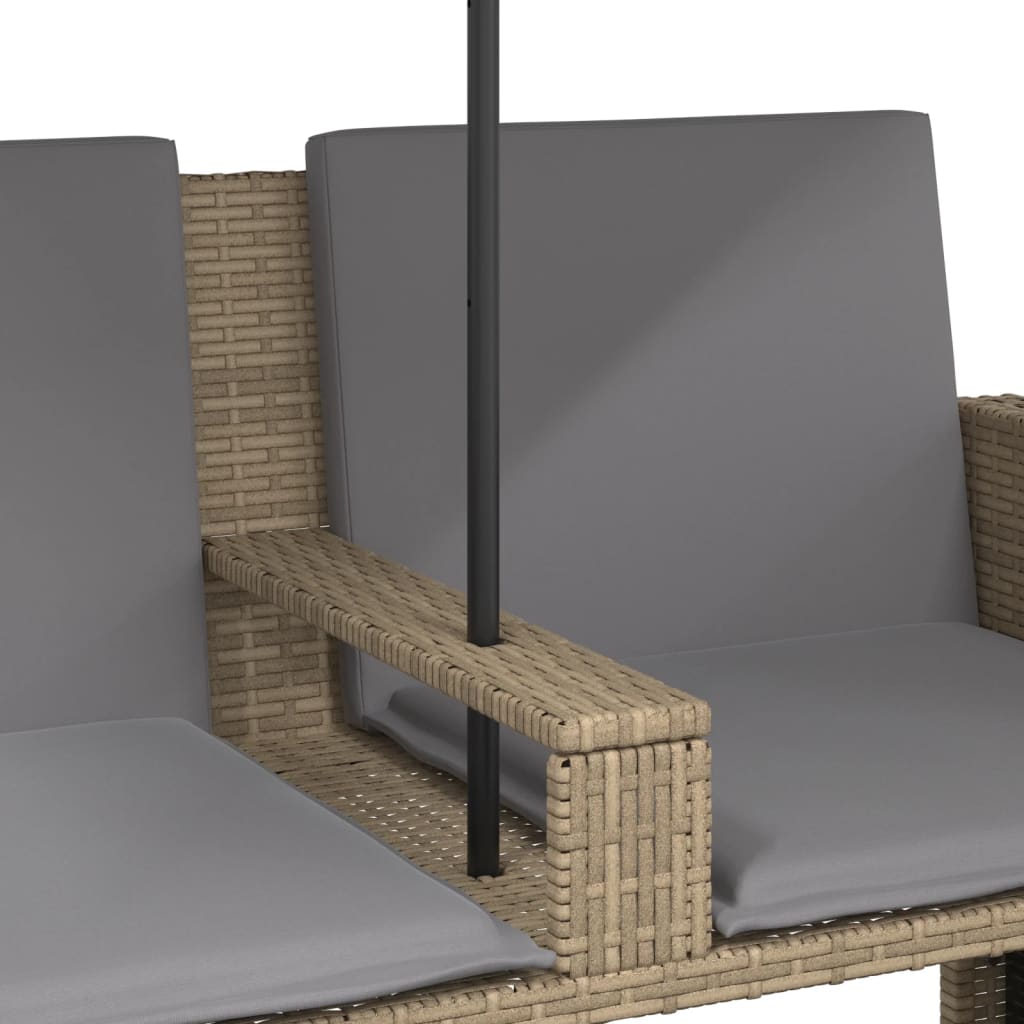 Sofá de jardim 2 lugares com guarda-sol bancos vime PE bege - Image 8