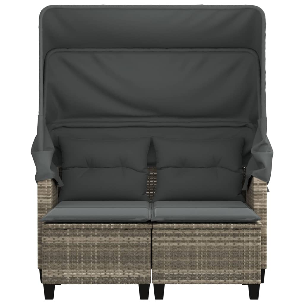 Sofá de jardim 2 lugares c/ toldo e bancos vime PE cinza-claro - Image 4