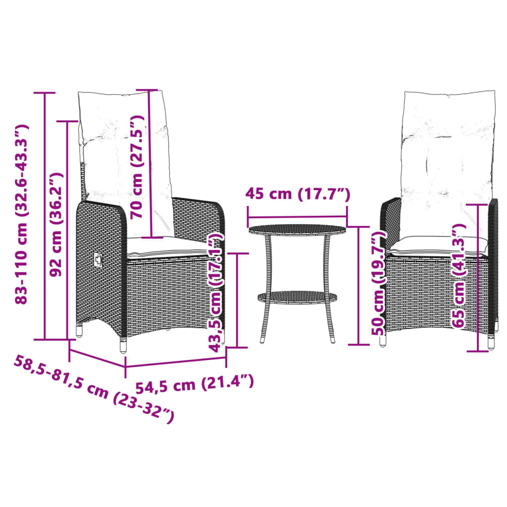 Cadeiras de jardim reclináveis 2 pcs com mesa vime PE bege - Image 10