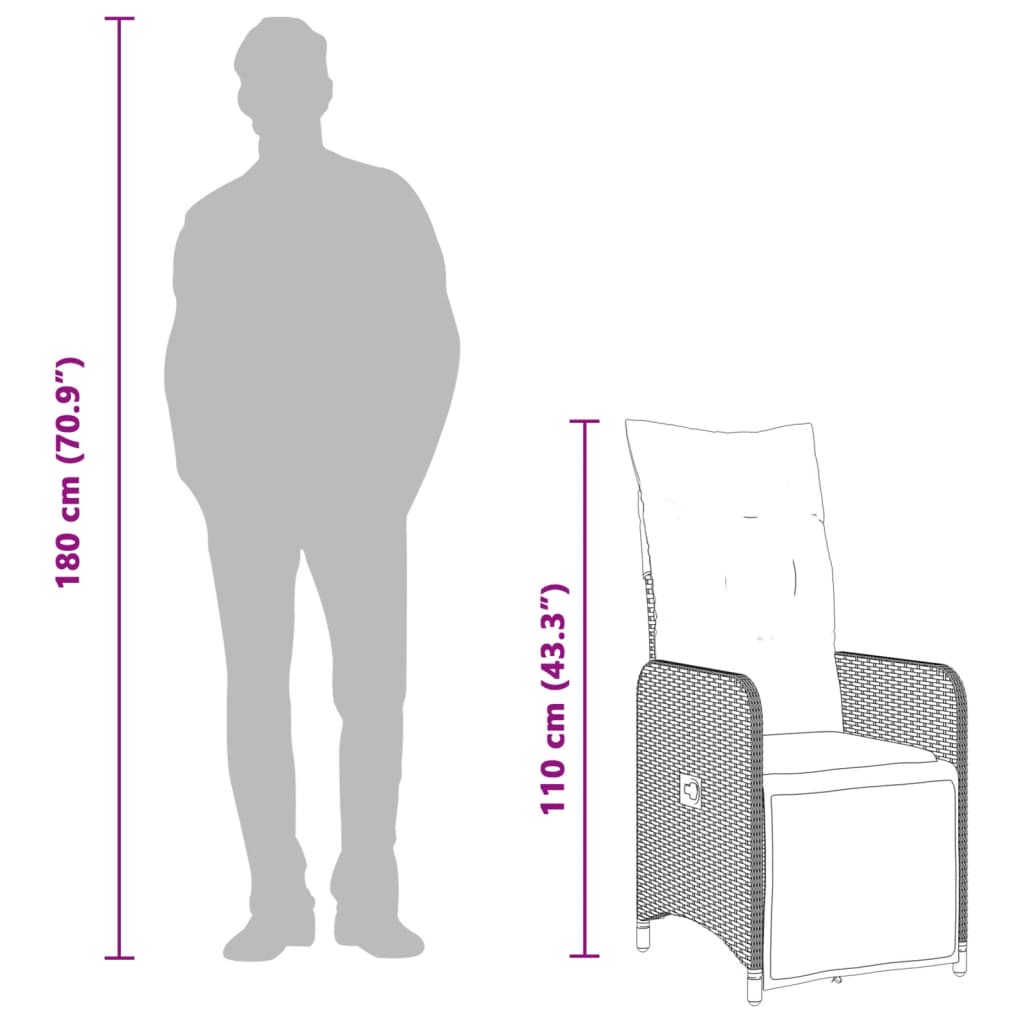 Cadeiras jardim reclináveis 2 pcs c/ mesa vime PE castanho - Image 11