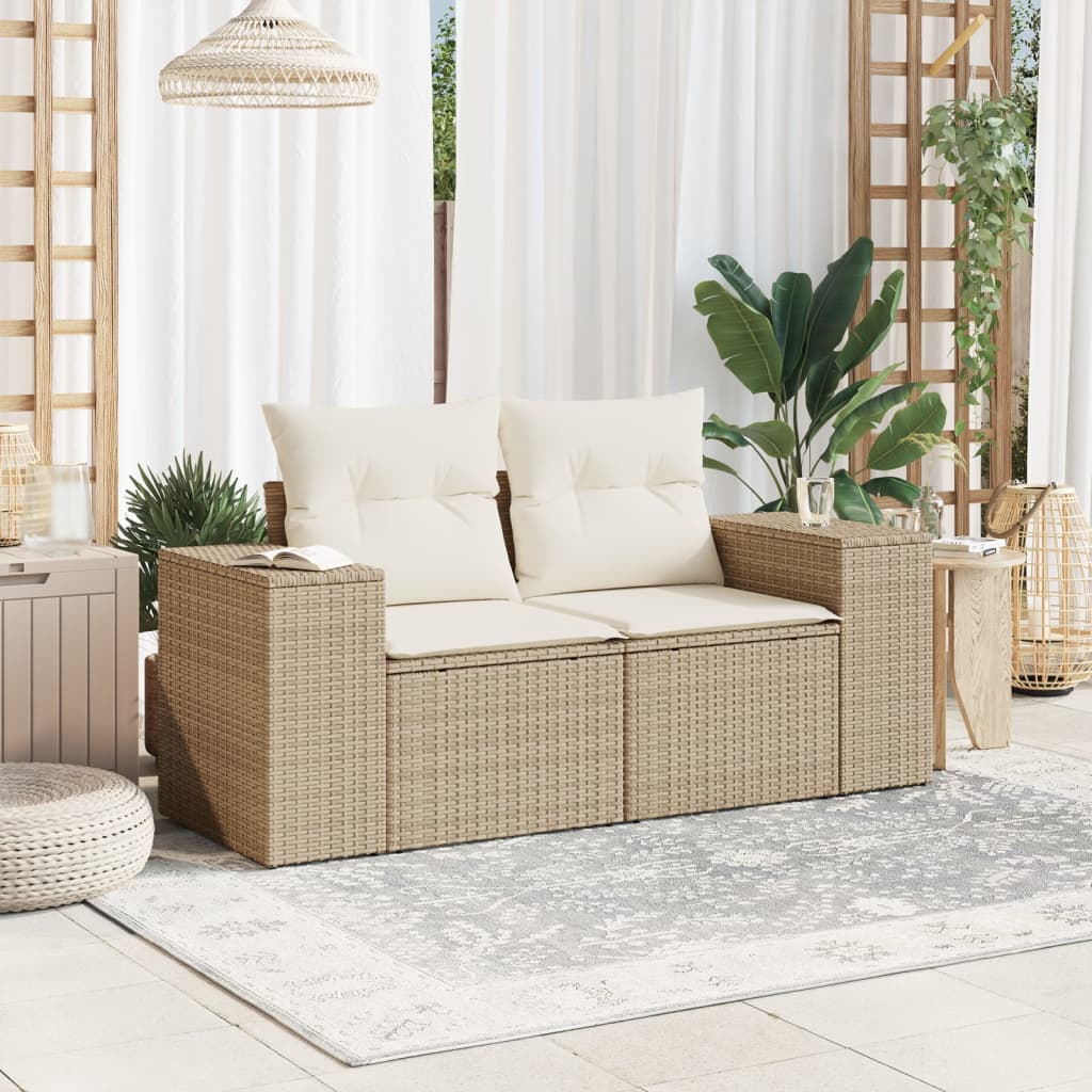 Sofá de jardim de 2 lugares com almofadões vime PE bege - Image 2