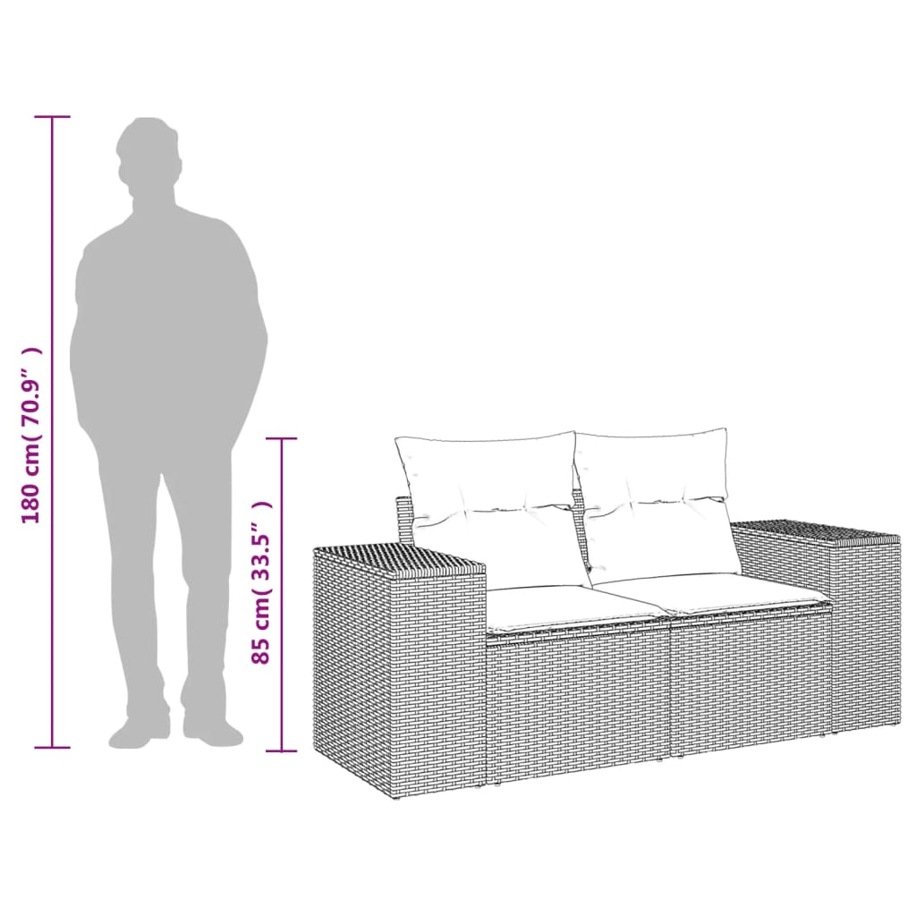 Sofá de jardim de 2 lugares com almofadões vime PE cinzento - Image 7