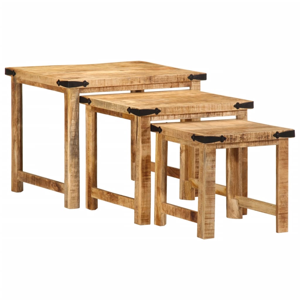 Mesas de apoio encastrar 3 pcs madeira mangueira áspera maciça - Image 2