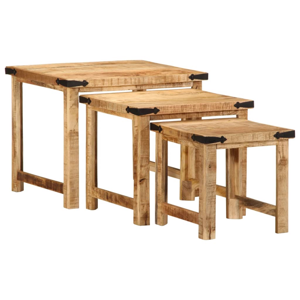 Mesas de apoio encastrar 3 pcs madeira mangueira áspera maciça - Image 4