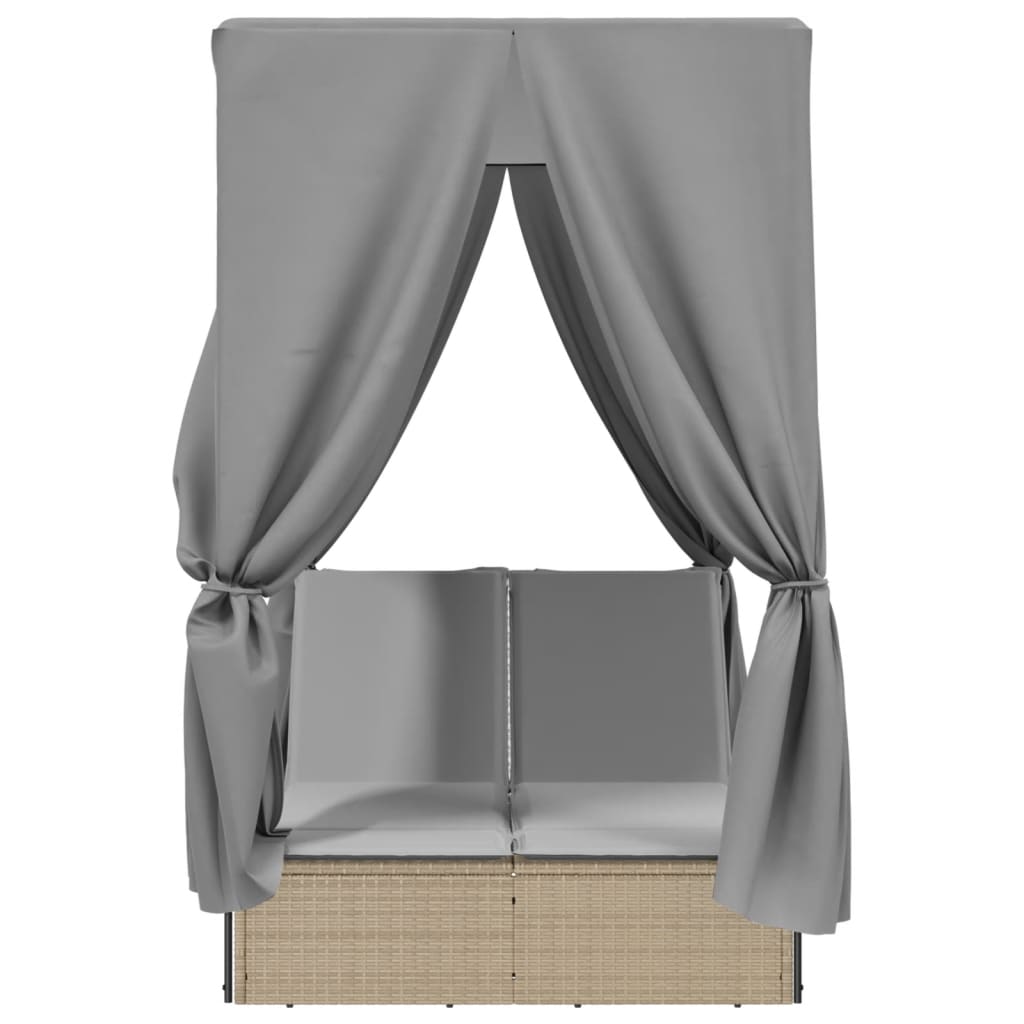 Espreguiçadeira dupla com teto e cortinas vime PE bege - Image 3