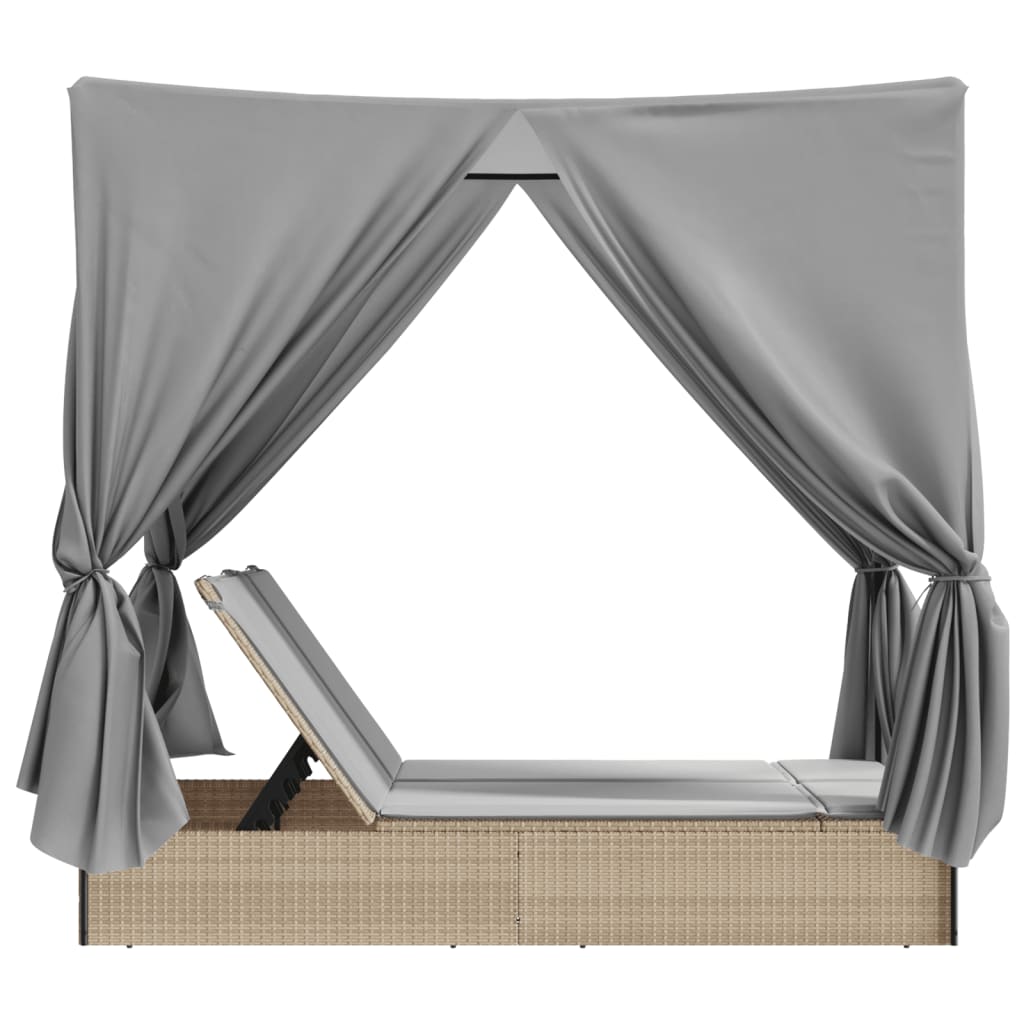 Espreguiçadeira dupla com teto e cortinas vime PE bege - Image 4