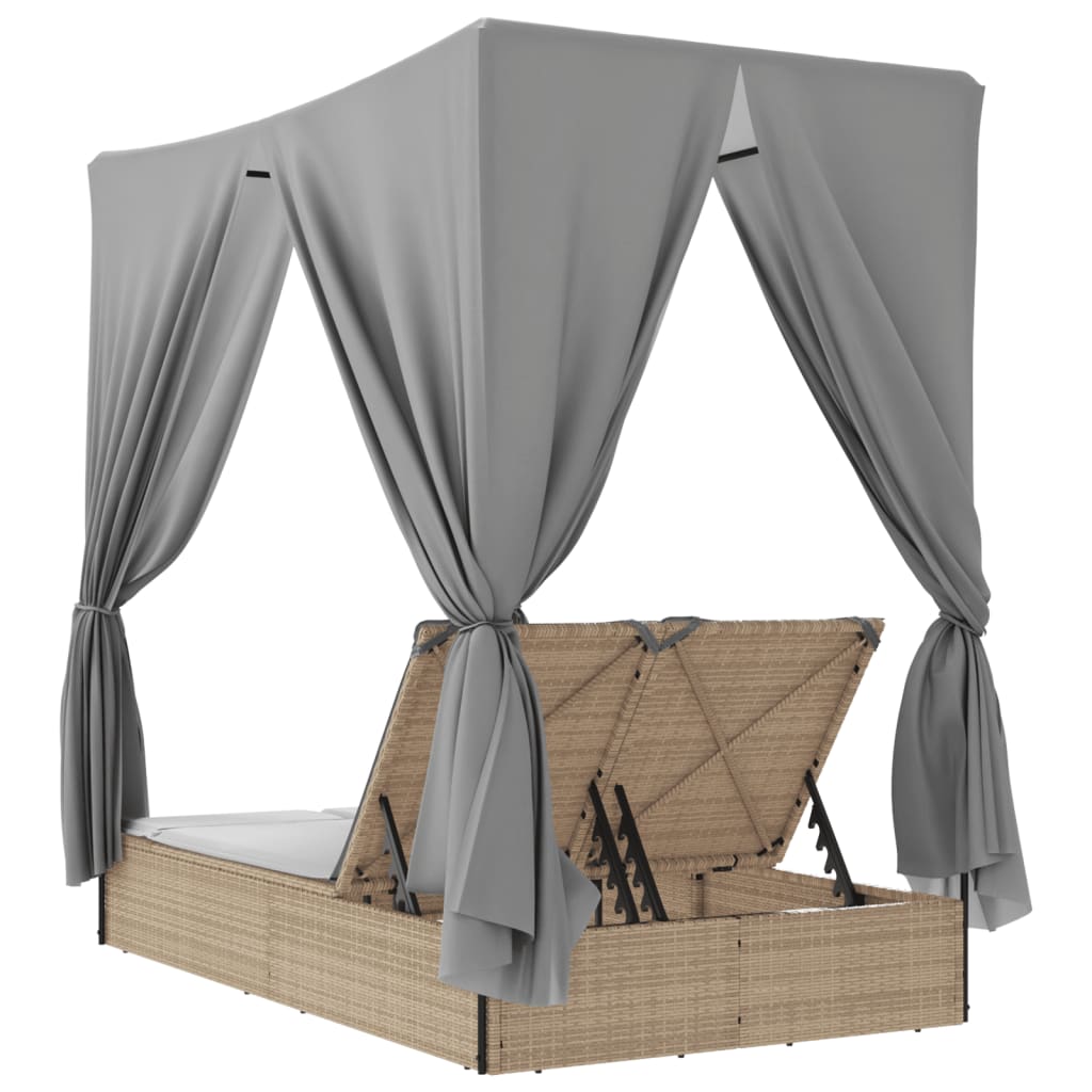 Espreguiçadeira dupla com teto e cortinas vime PE bege - Image 5