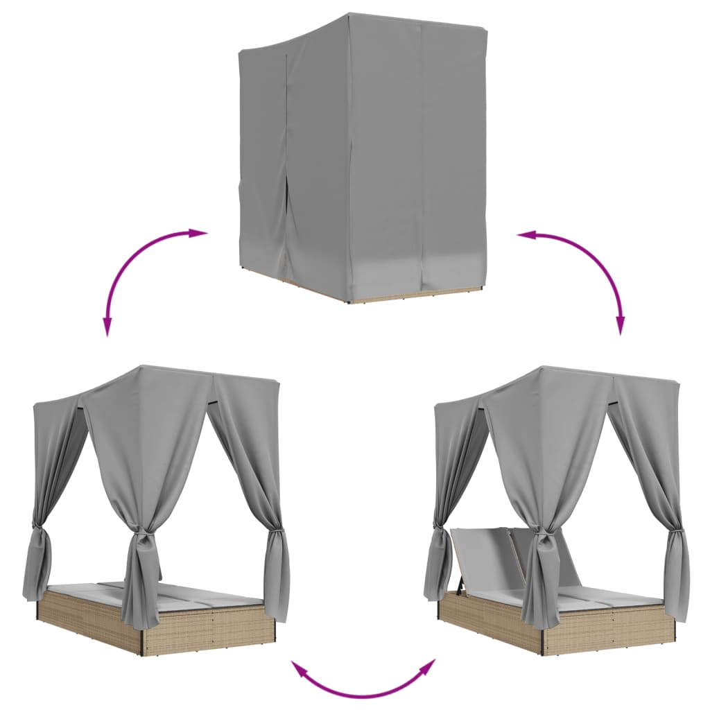 Espreguiçadeira dupla com teto e cortinas vime PE bege - Image 6