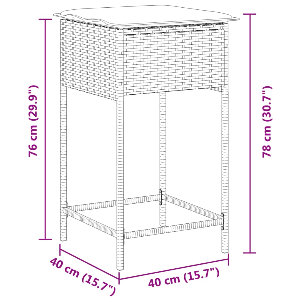 Bancos de bar p/ jardim com almofadões 2pcs vime PE cinza-claro - Image 8