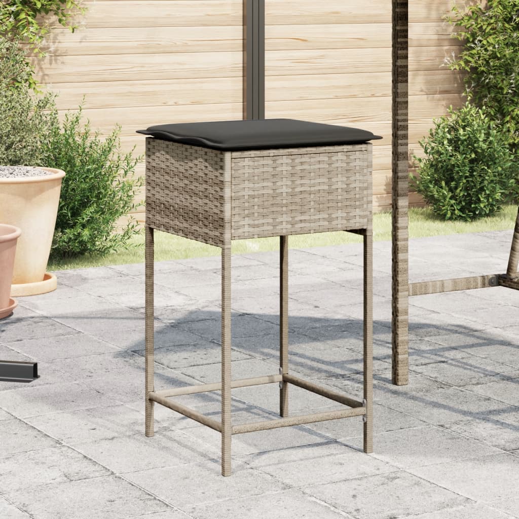 Bancos de bar p/ jardim com almofadões 2pcs vime PE cinza-claro