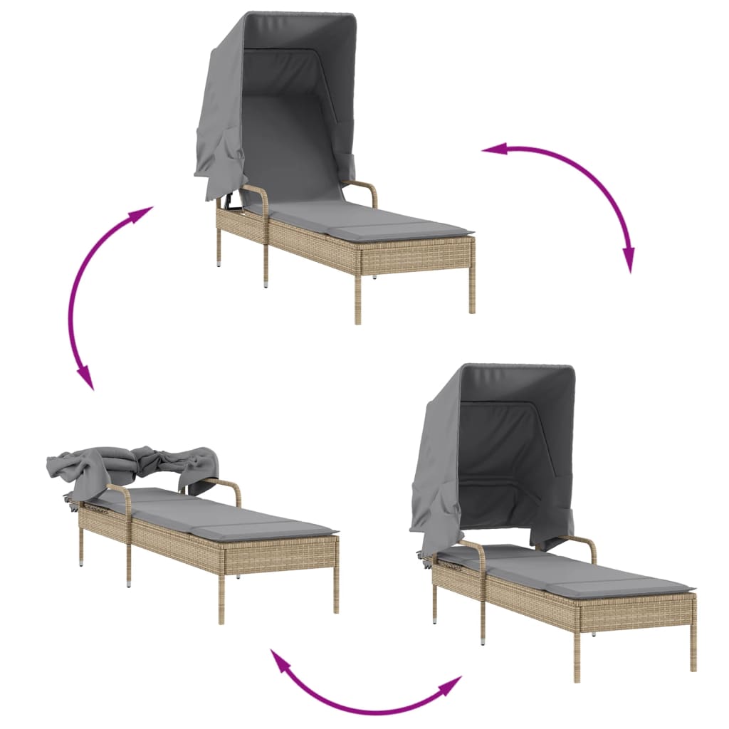 Espreguiçadeira com toldo e mesa vime PE bege - Image 7