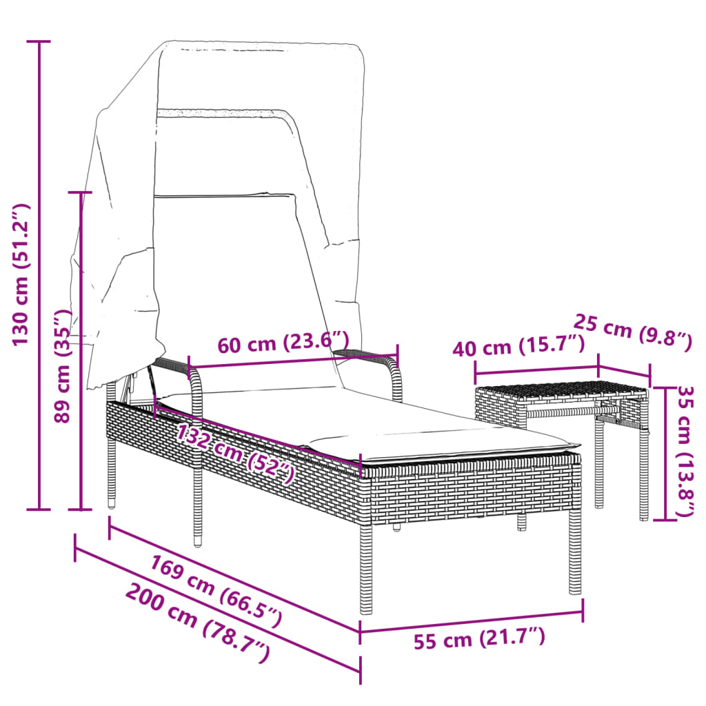 Espreguiçadeira com toldo e mesa vime PE bege - Image 10