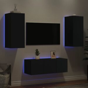 4 pcs móveis de parede p/ TV c/ LEDs derivados de madeira preto