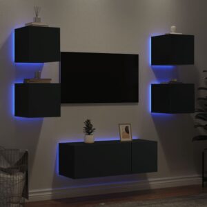 6 pcs móveis de parede p/ TV c/ LEDs derivados de madeira preto
