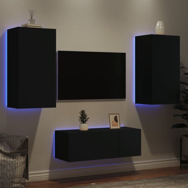 4 pcs móveis de parede p/ TV c/ LEDs derivados de madeira preto