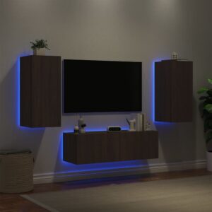 3 pcs móveis de parede para TV com luzes LED carvalho castanho