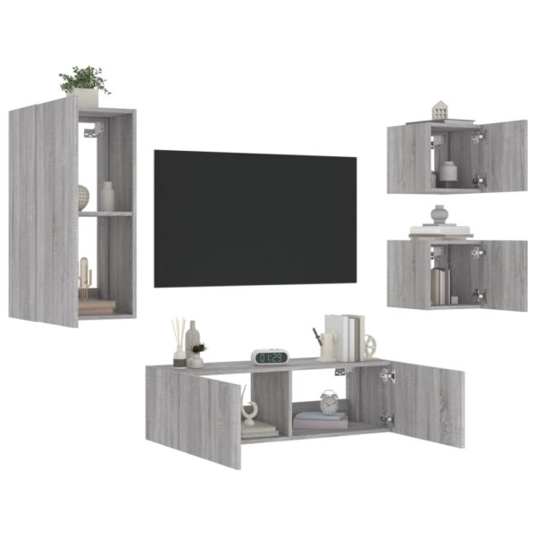 4 pcs móveis de parede para TV com luzes LED cinzento sonoma - Image 3