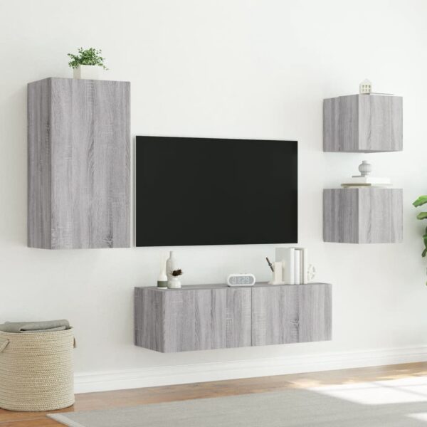 4 pcs móveis de parede para TV com luzes LED cinzento sonoma - Image 4