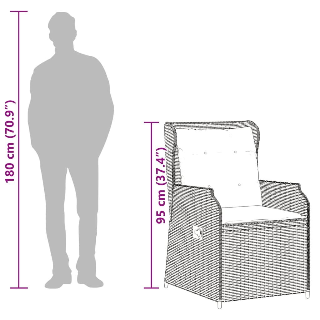 Cadeiras de jardim reclináveis c/ almofadões 2pcs vime PE preto - Image 10