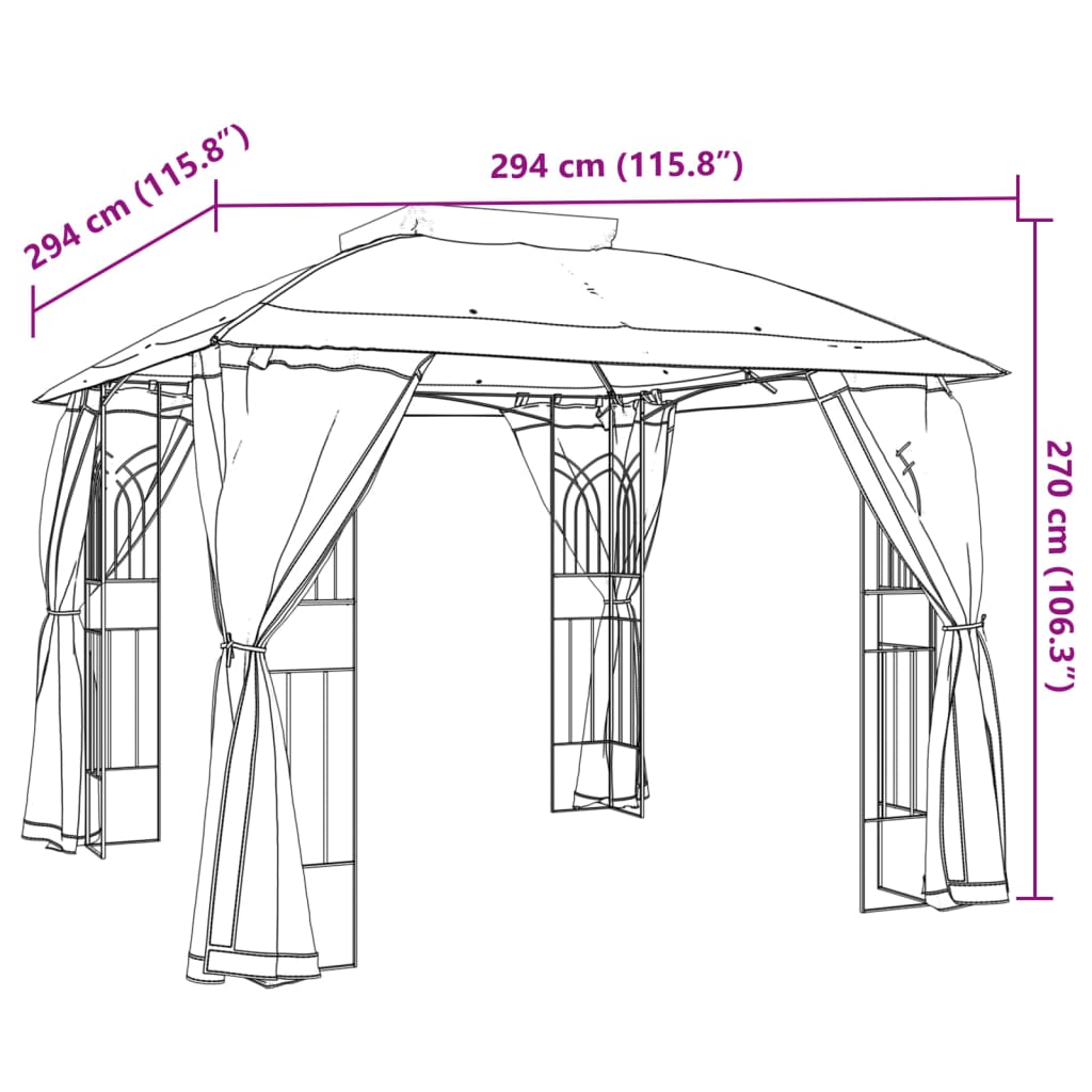 Gazebo c/ teto duplo/paredes de malha 2,94x2,94 m aço creme - Image 8