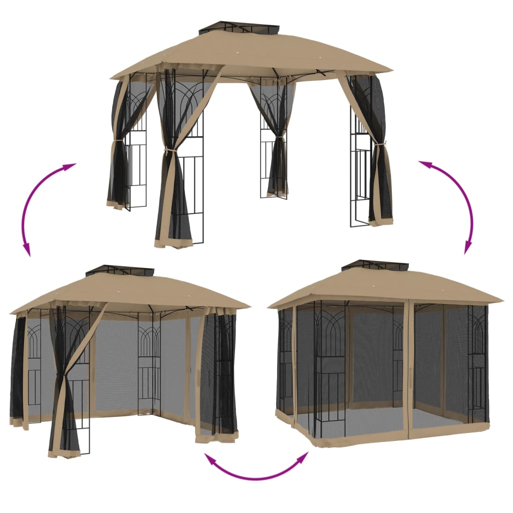 Gazebo c/ teto duplo/paredes de malha aço cinzento-acastanhado - Image 5