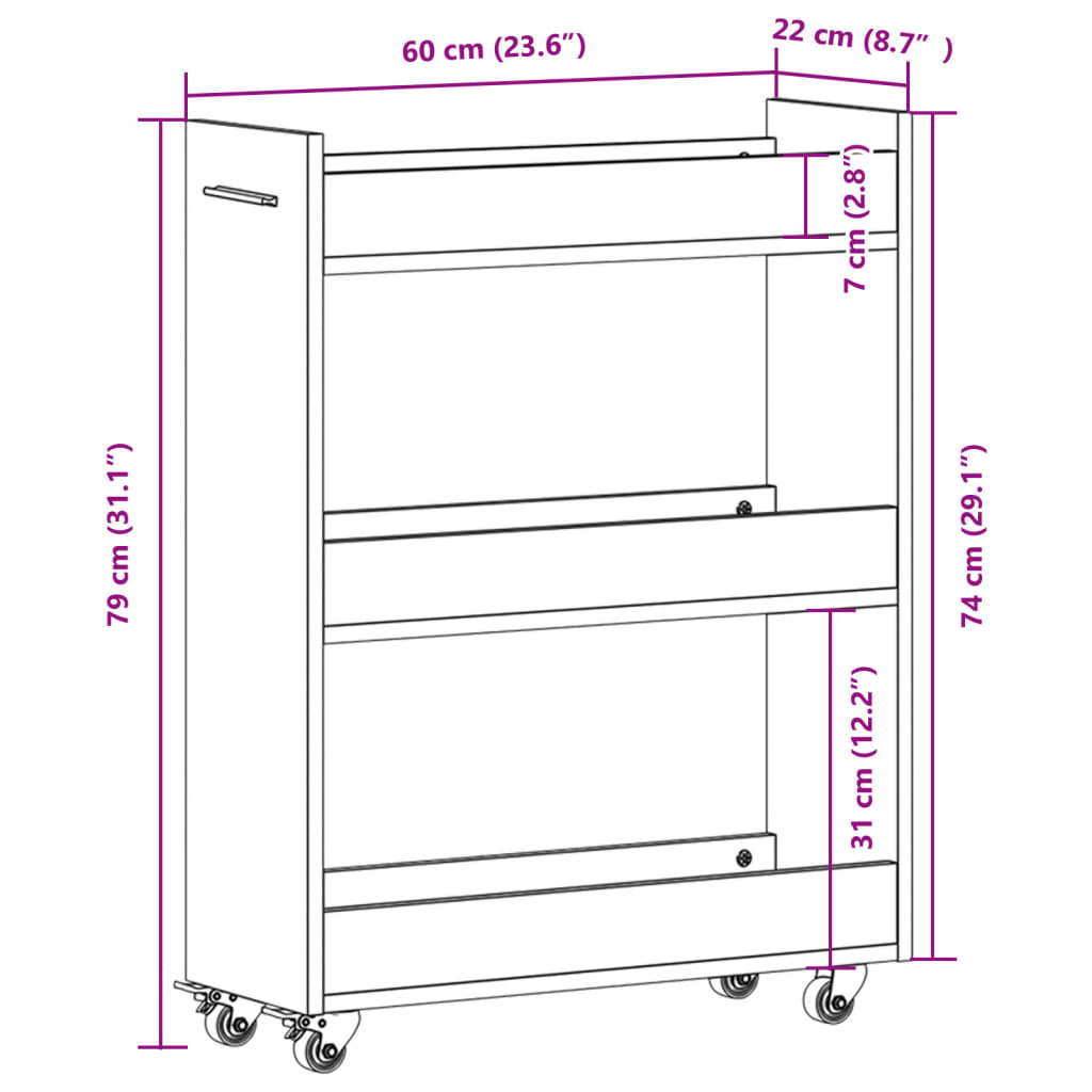 Armário c/ rodas 60x22x79 cm derivados madeira cinzento sonoma - Image 9